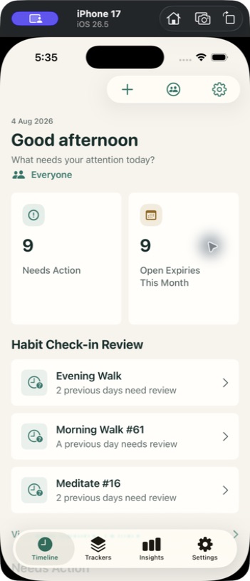 TimeArc showing upcoming expiries and habit check-ins