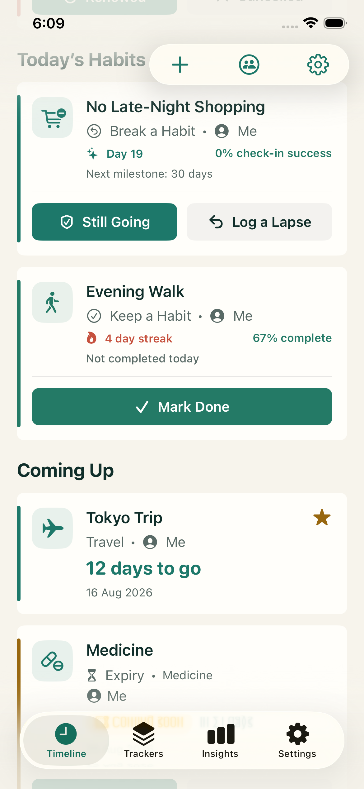 Timeline showing Still Going and Log a Lapse actions for a break habit