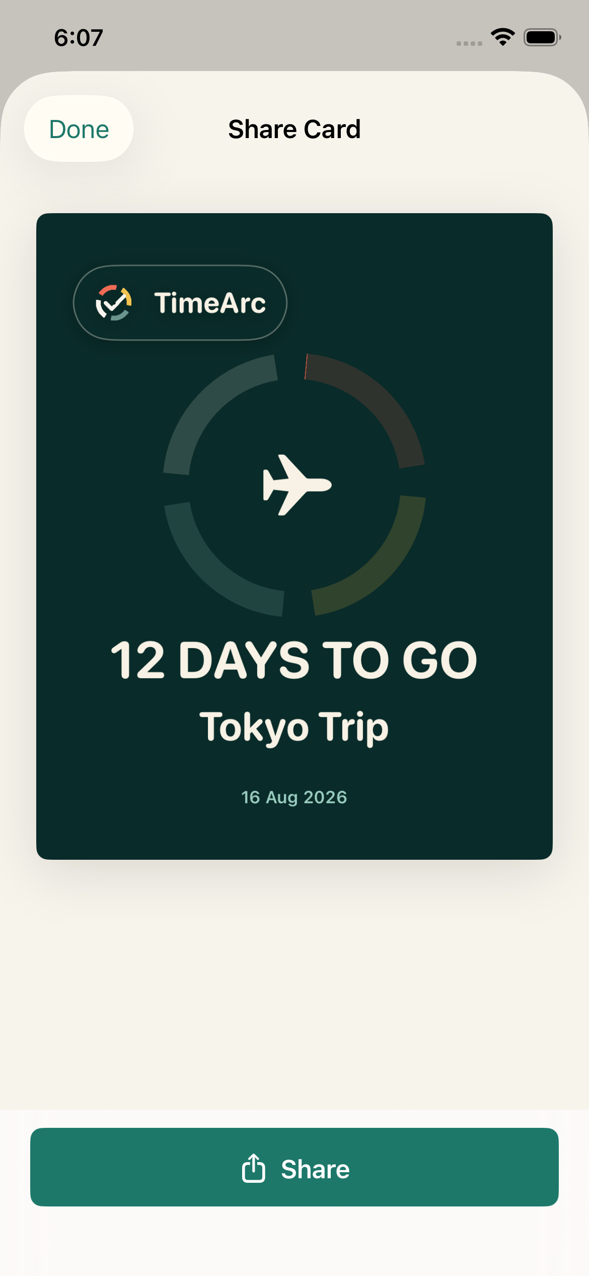 TimeArc countdown share card for a Tokyo trip
