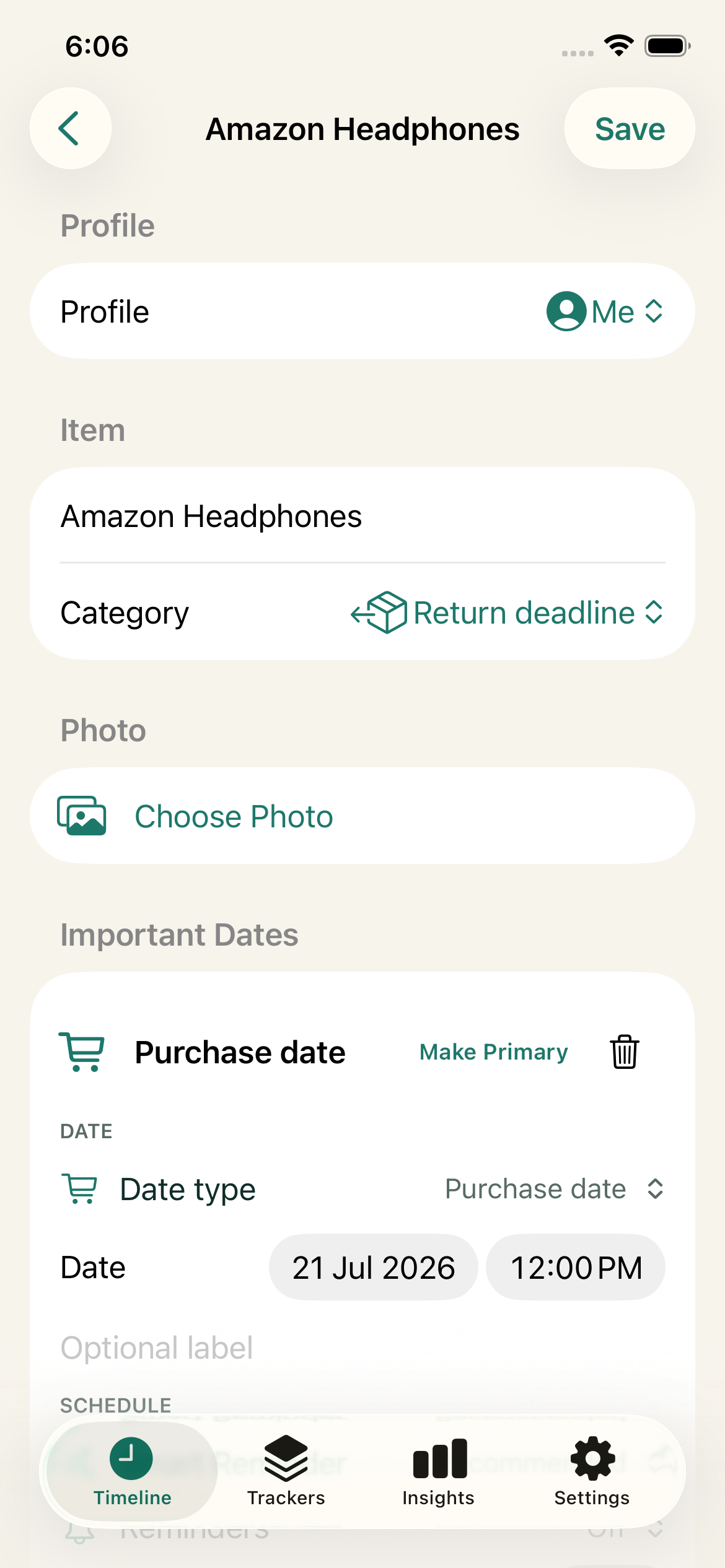 Expiry tracker showing a photo attachment control and an important purchase date