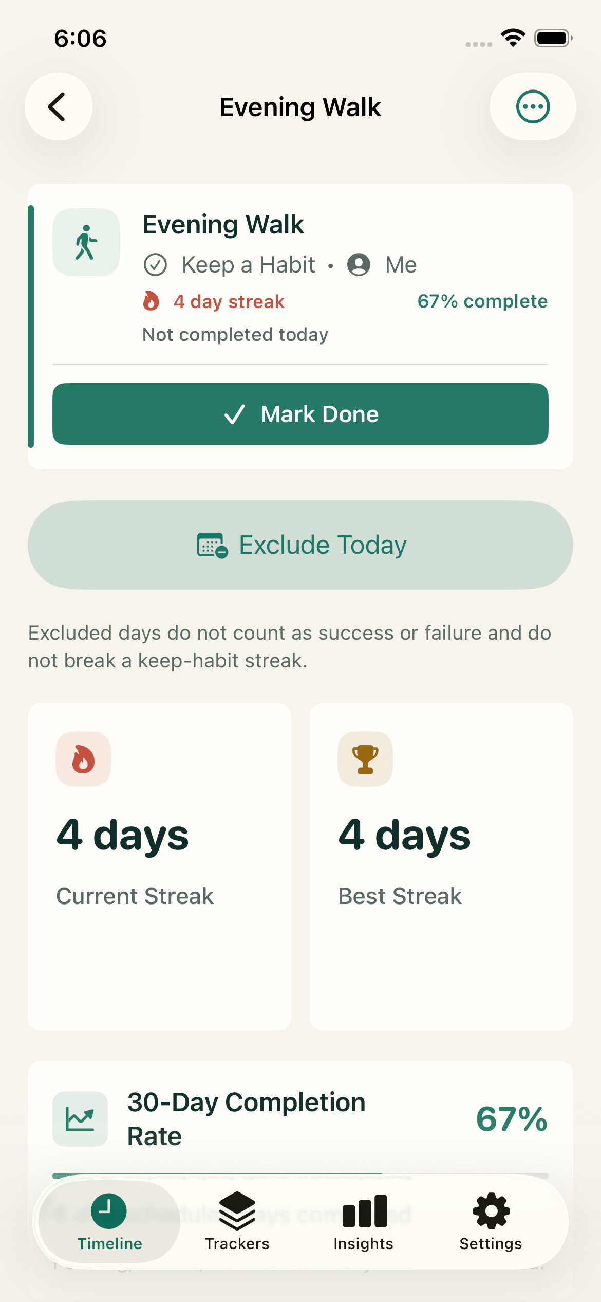Keep a Habit detail showing current streak, best streak, and completion rate