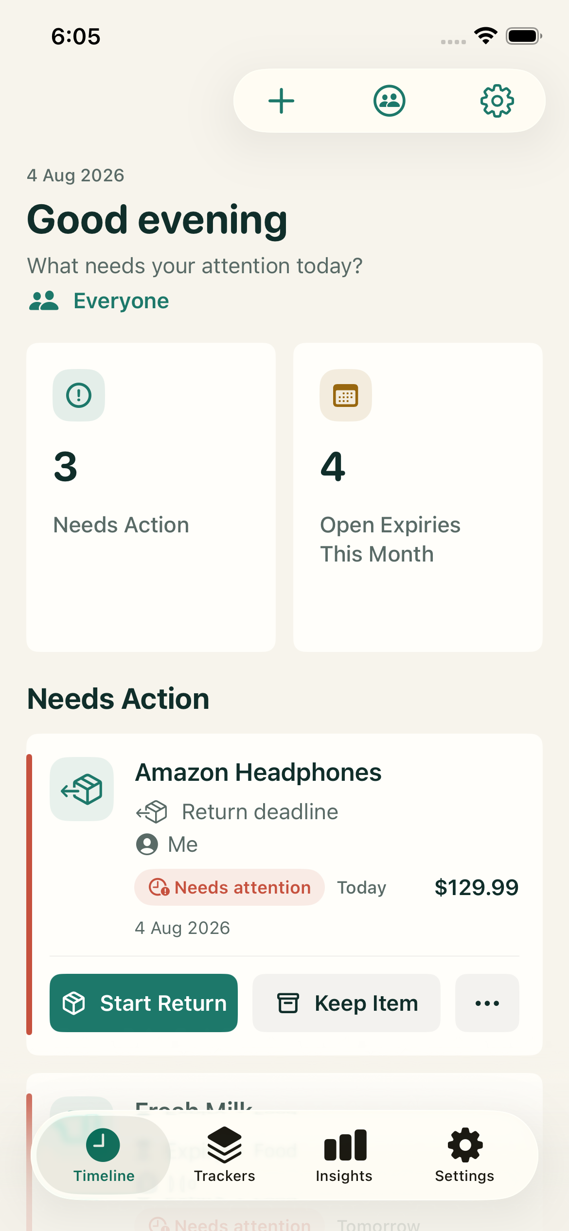 TimeArc showing a clean timeline of expiries and actions