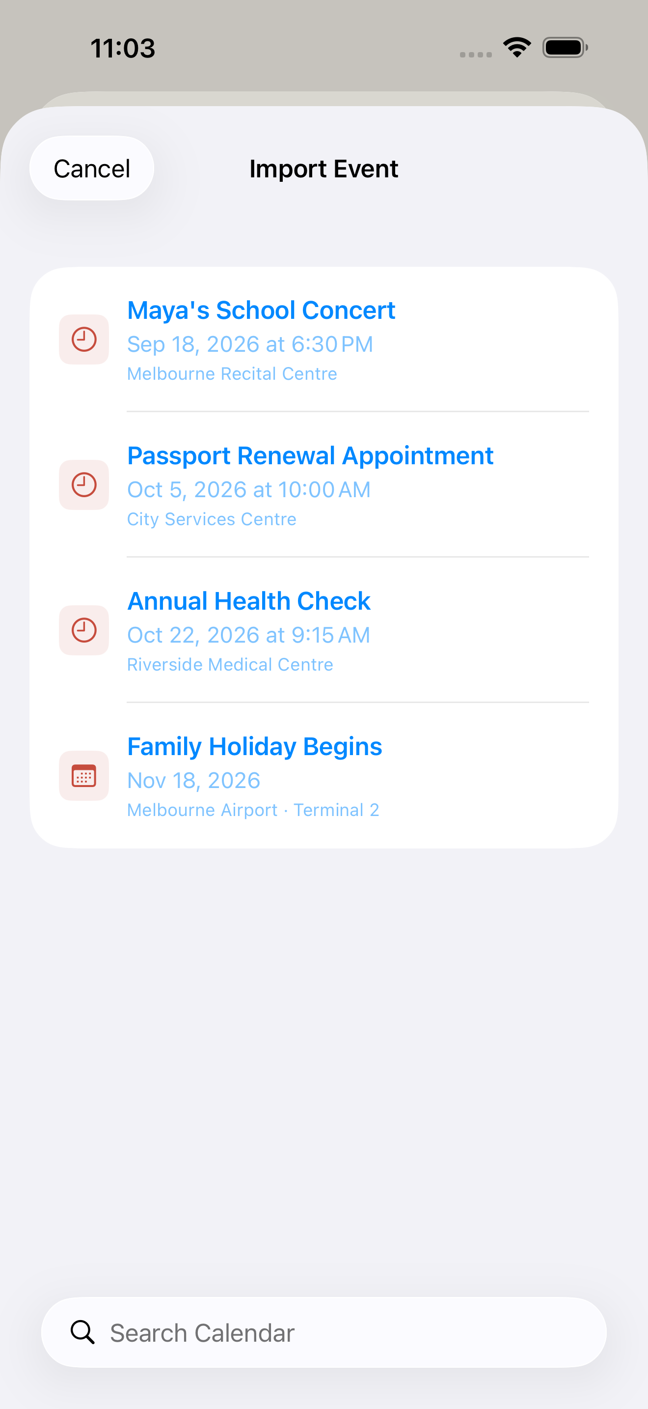 Import calendar events