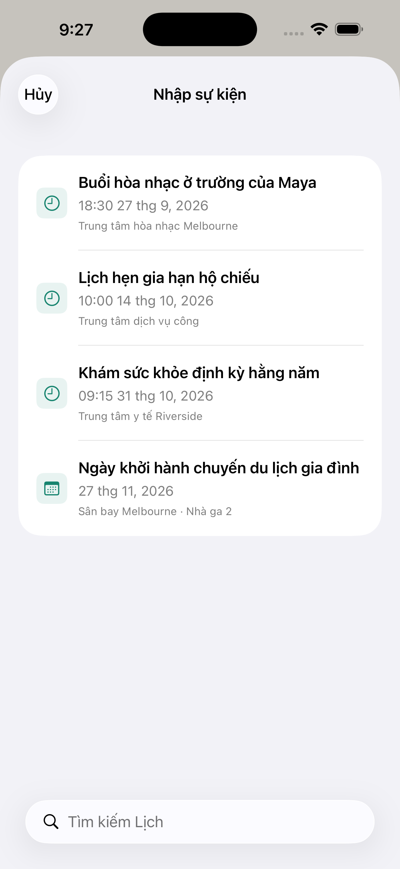 Sự kiện trên lịch, chuyển ngay sang đếm ngược
